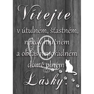 Vítejte (kočka) - dřevěný obrázek, ruční práce