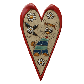 Keramické srdíčko s kočičkou na zavěšení č. 3, 14 cm