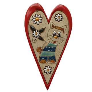Keramické srdíčko s kočičkou na zavěšení č. 6, 14 cm
